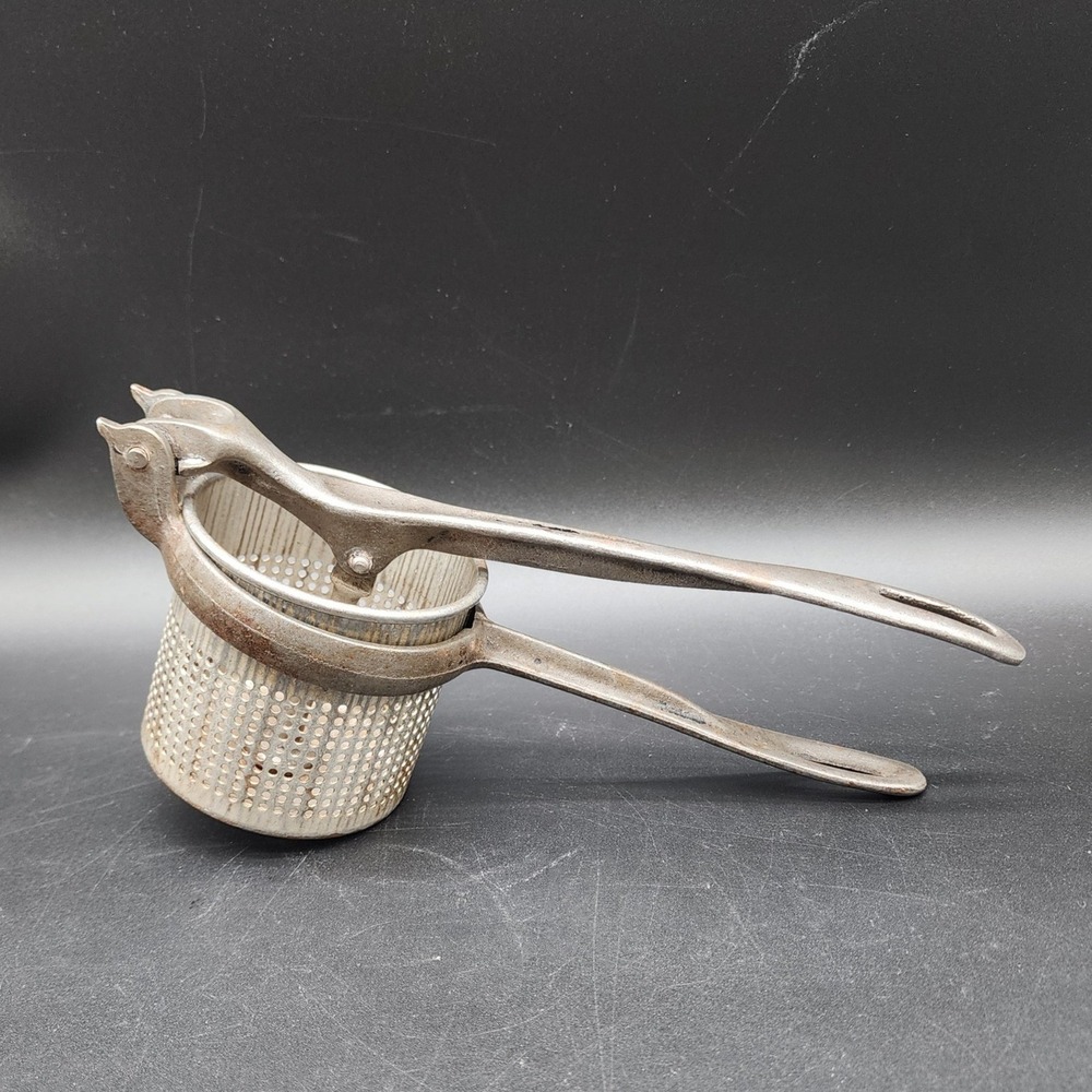 Vintage Silver Metal Potato Ricer Fruit Press Primitive Farmhouse Kitchen Tool